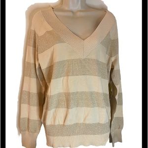 High Sierra Women’s Gold/Cream Striped V Neck Sweater Sz XL  Cotton Blend NWT